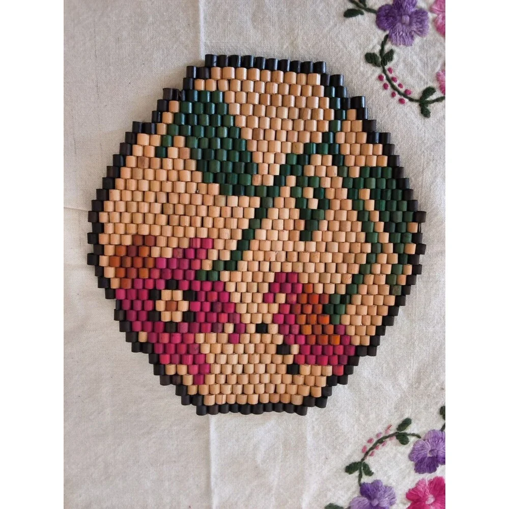 Vintage Bamboo Wood Bead Trivets Hot Pad Floral Flowers Lion Animal MCM